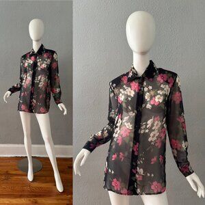 Vintage 90s Black Floral Sheer Button Long Sleeve Top Blouse S